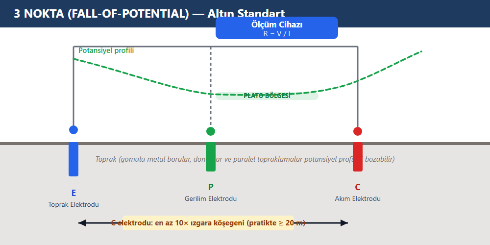 3 Nokta (Fall-of-Potential) ölçüm yöntemi şeması — toprak elektrodu (E), gerilim elektrodu (P), akım elektrodu (C) ve R=V/I formülü
